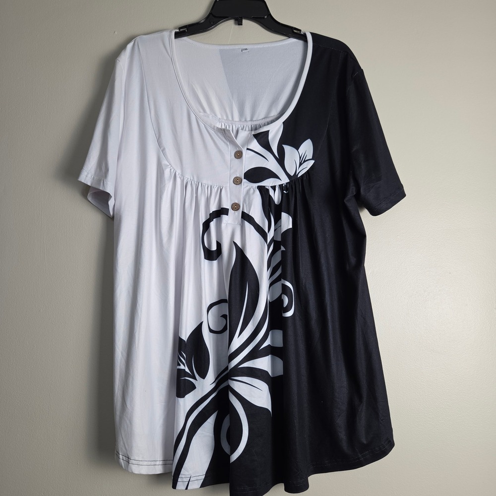 Black White Floral Colorblock Henley Tunic Top Short Sleeve 2XL Pleated Scoop